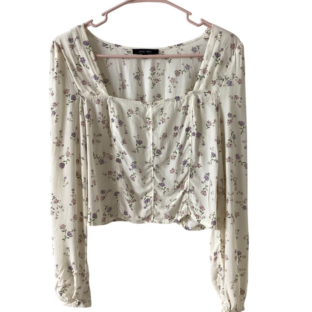 Love Tree Cream Floral Square Neck Long Sleeve Blouse Women's Small Cottagecore - Picture 1 of 5